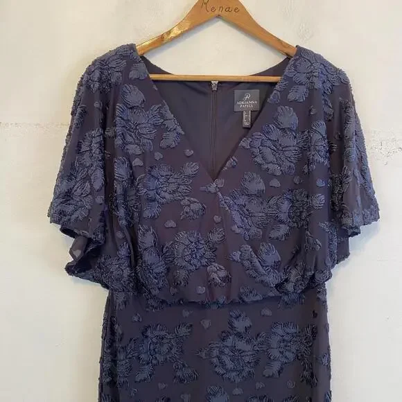 ADRIANNA PAPELL navy burnout velvet floral long blouson dress sz 10